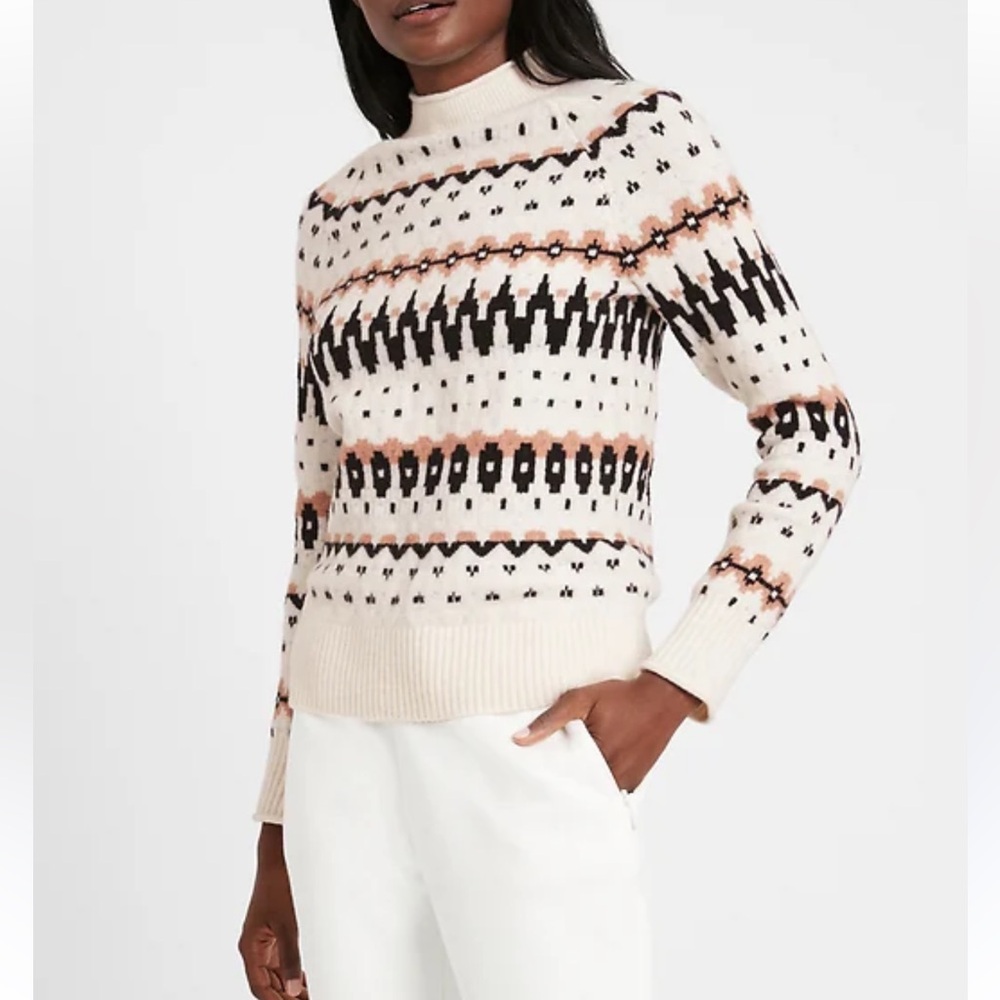 Banana Republic Ivory Fair Isle Turtleneck Sweater with Black and Tan Pattern